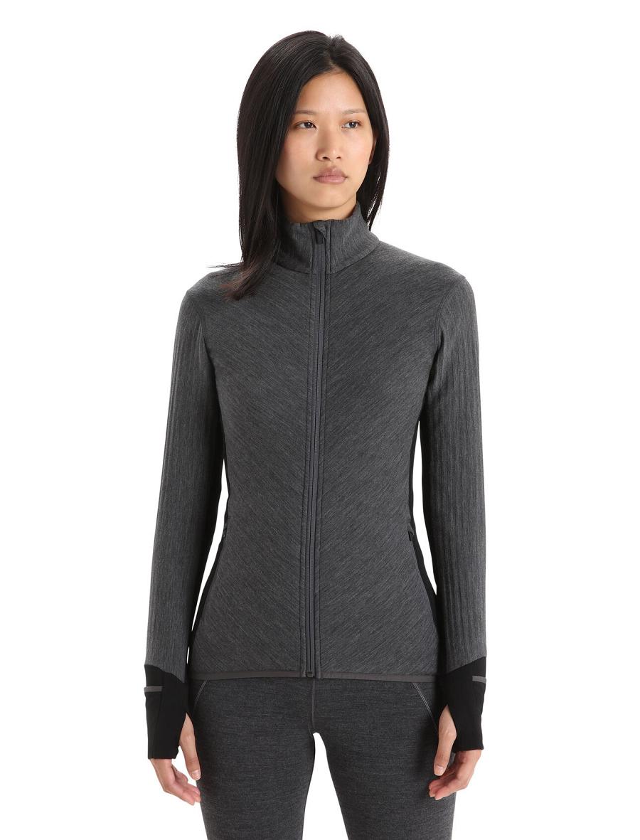 Kurtka Icebreaker RealFleece™ Merino Descender Long Sleeve Zip Damskie Czarne | PL 1299JPQJ